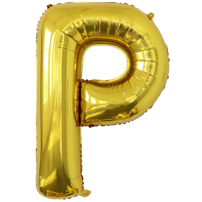 Gold foil balloon shaped like the letter P.