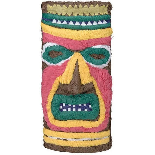 Tiki mask piñata decorated with vibrant layered tissue paper in colors including pink, yellow, green, blue, and brown. The design features bold facial features such as prominent eyes, a wide nose, and a square mouth, evoking a traditional Polynesian-style tiki face.