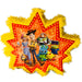 Toy Story-themed piñata in a starburst shape with a yellow fringe border. The center features Woody, Bo Peep, Buzz Lightyear, Forky, Slinky Dog, Ducky, Bunny, and an Alien against an orange patterned background.