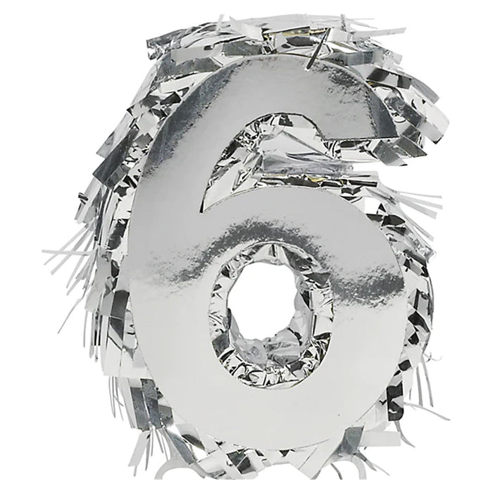 Silver number one piñata covered with metallic fringe, shaped like the numeral 6.