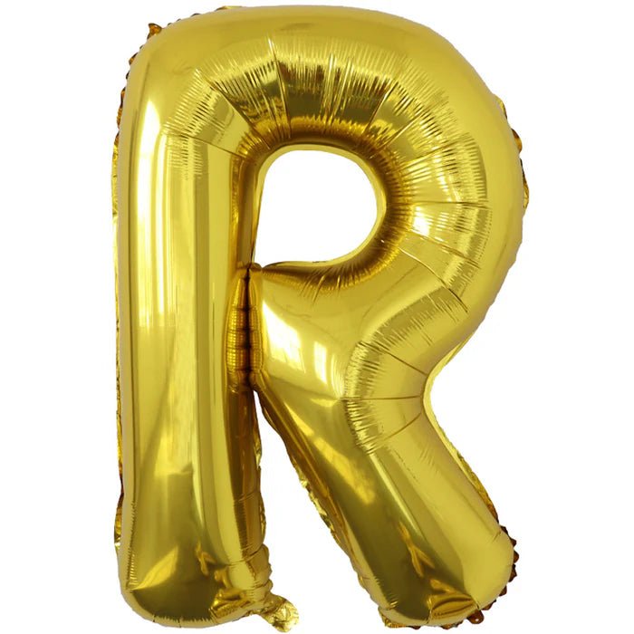 Gold foil balloon shaped like the letter R.