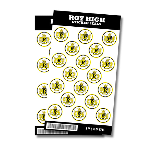 A package of 36 1-inch Roy High School Sticker Seals.