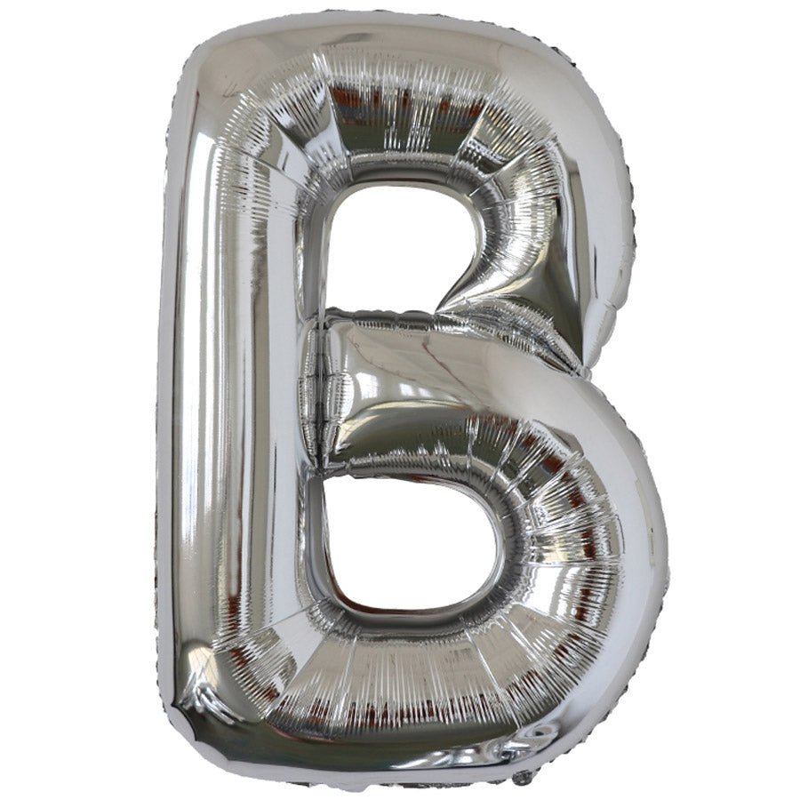 Silver foil balloon shaped like the letter B.