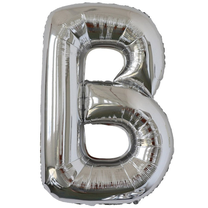 Silver foil balloon shaped like the letter B.