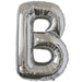 Silver foil balloon shaped like the letter B.
