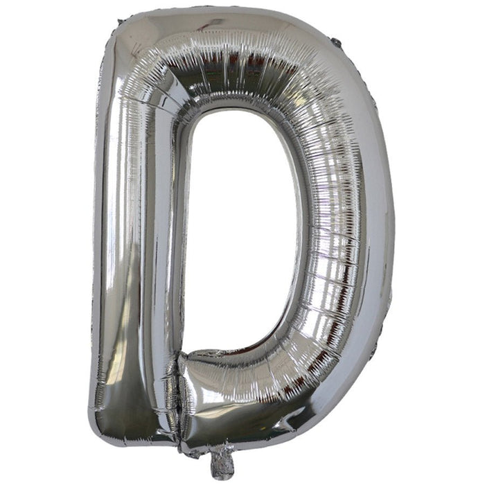 Silver foil balloon shaped like the letter D.