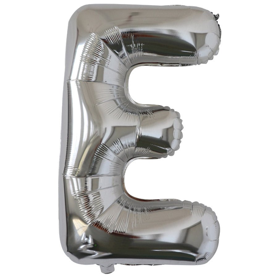 Silver foil balloon shaped like the letter E.