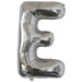 Silver foil balloon shaped like the letter E.