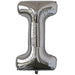 Silver foil balloon shaped like the letter I.
