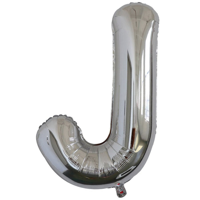 Silver foil balloon shaped like the letter J.