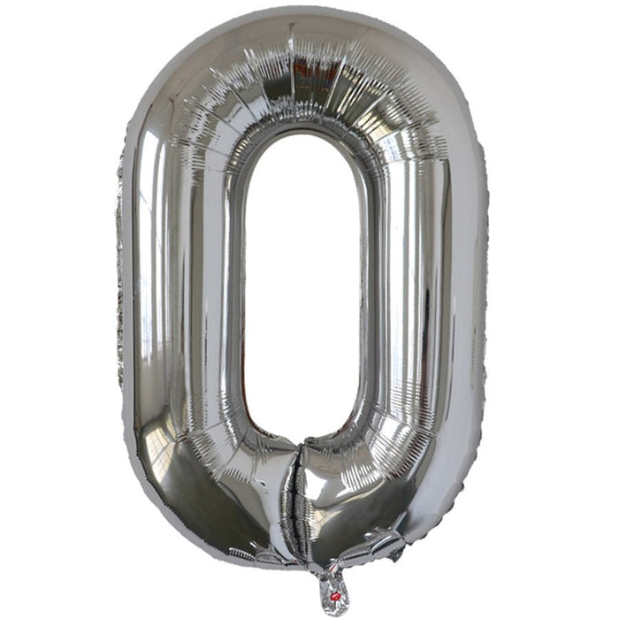 Silver foil balloon shaped like the letter O.