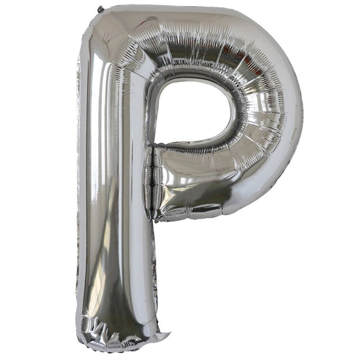 Silver foil balloon shaped like the letter P.