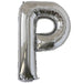 Silver foil balloon shaped like the letter P.