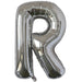 Silver foil balloon shaped like the letter R.