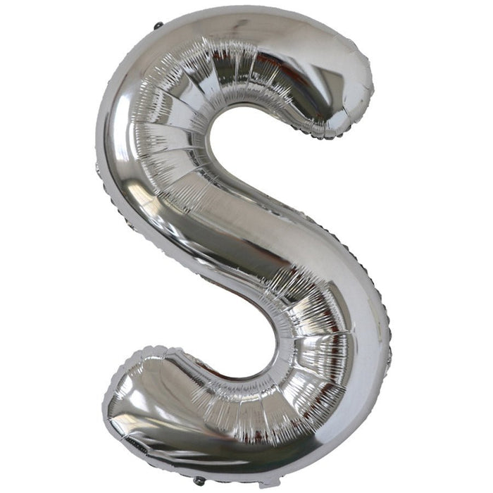 Silver foil balloon shaped like the letter S.