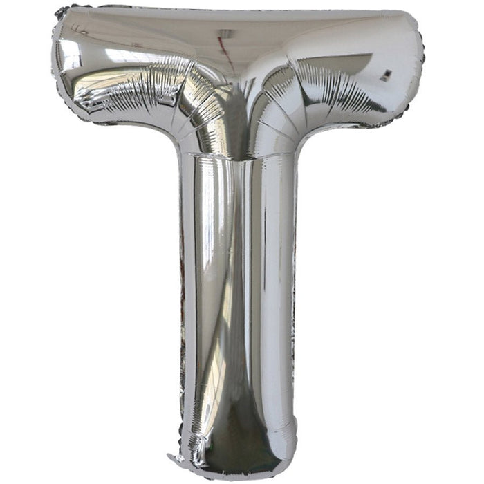 Silver foil balloon shaped like the letter T