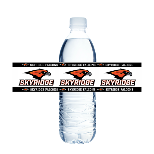 A Skyridge High School Water Bottle Label shown in front of a water bottle.  Comes in a pack of 24 lables.