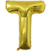Gold foil balloon shaped like the letter T.