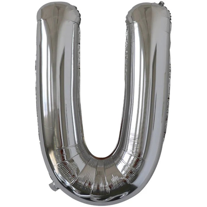 Silver foil balloon shaped like the letter U.