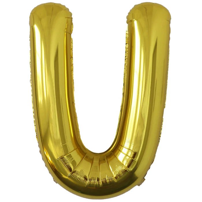 Gold foil balloon shaped like the letter U.