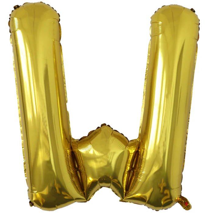 Gold foil balloon shaped like the letter W.