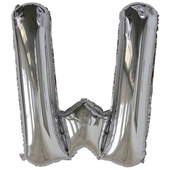 Silver foil balloon shaped like the letter W.