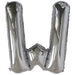 Silver foil balloon shaped like the letter W.