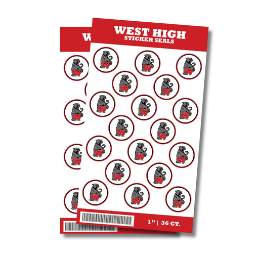 A package of 36 1-inch West High High School Sticker Seals.