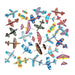 Collection of colorful toy airplanes in various patterns including camouflage, stripes, polka dots, and geometric designs, arranged randomly on a white background.