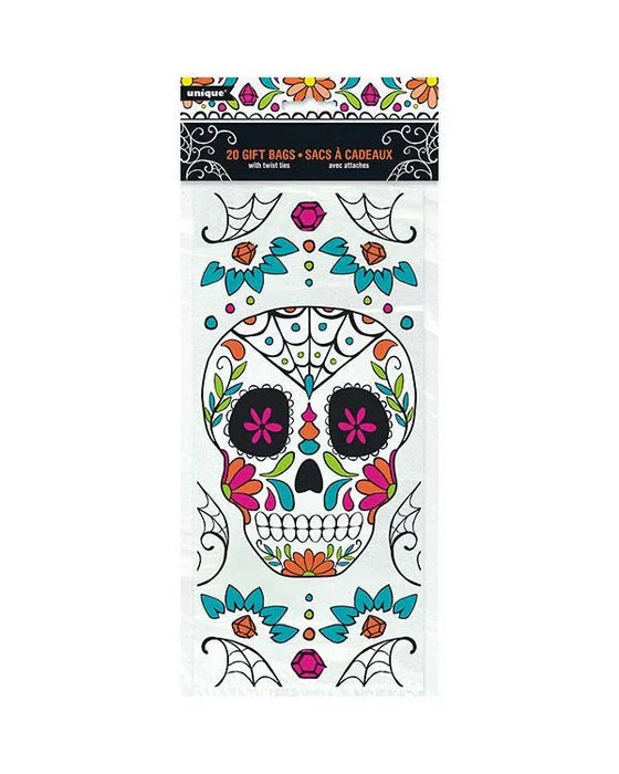 Day of the Dead Skull Cello Treat Bags with Ties 5" x 11" | 20 ct - Zurchers