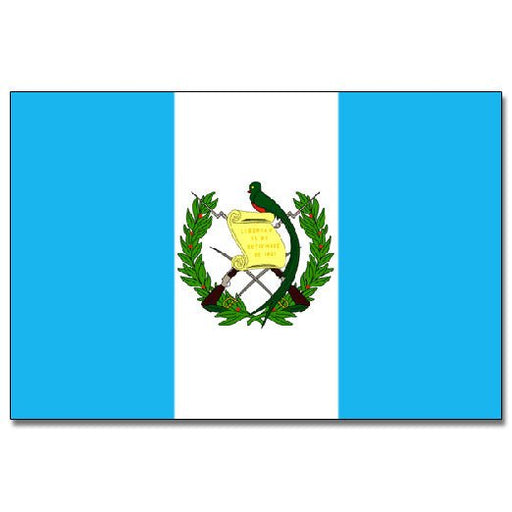 A flag with three vertical stripes: light blue on the sides and white in the center, featuring a coat of arms with a quetzal bird, scroll, crossed rifles, and bay laurel branches.