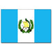 A flag with three vertical stripes: light blue on the sides and white in the center, featuring a coat of arms with a quetzal bird, scroll, crossed rifles, and bay laurel branches.
