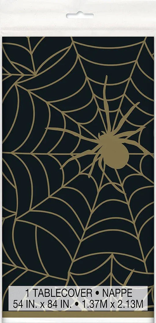 Halloween Black & Gold Spider Web Plastic Table Cover 84" x 54" | 1 ct - Zurchers
