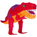 Dinosaur-shaped piñata resembling a T-Rex, featuring red and orange crepe paper with purple accents, sharp white teeth, and a green and yellow eye.