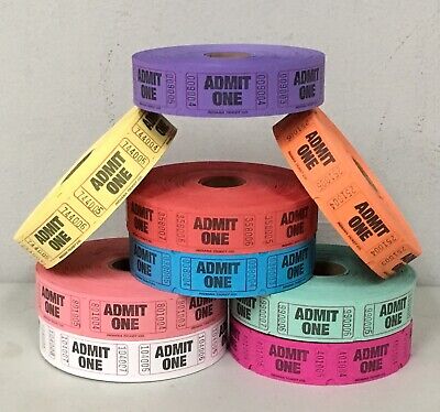 Stacked rolls of 'Admit One' tickets in assorted colors including purple, yellow, orange, red, blue, teal, white, and pink, arranged in a pyramid shape against a gray background.