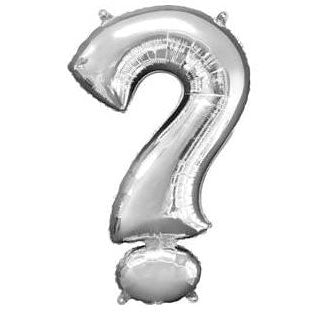 Silver foil balloon shaped like the letter ?.