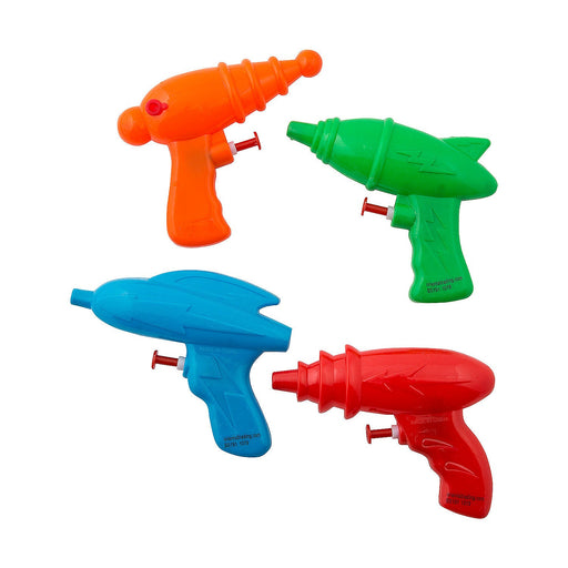 Set of four colorful plastic water guns in orange, green, blue, and red, designed with playful futuristic shapes and trigger mechanisms.