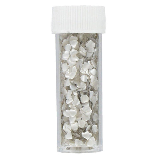 Clear plastic jar with a white screw-on lid, filled with metallic silver heart-shaped edible sprinkles.