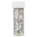 Clear plastic jar with a white screw-on lid, filled with metallic silver heart-shaped edible sprinkles.