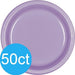 50-count large round lavender plastic plates with glossy surface and detailed embossed rim – heavy-duty disposable dinner plates for parties, weddings, and upscale events.