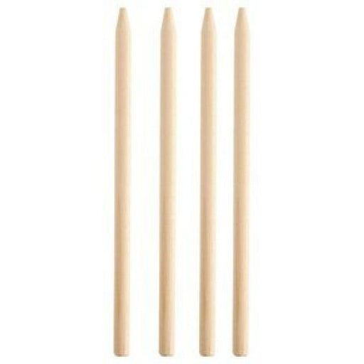 Set of four plain beige wooden dowels standing upright with tapered ends.