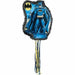 Batman piñata featuring the classic superhero in a blue costume, standing confidently with a yellow and black bat symbol in the background, decorated with streamers hanging below.