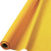 Yellow plastic table cover roll partially unrolled with a smooth, glossy surface and a visible cardboard core, displayed on a white background.