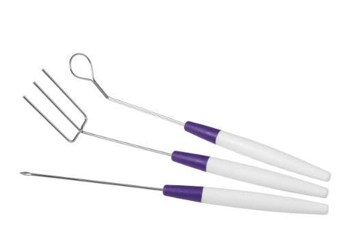 Set of three roasting sticks with white and purple handles, featuring different metal tips: a three-prong fork, a loop, and a single skewer.