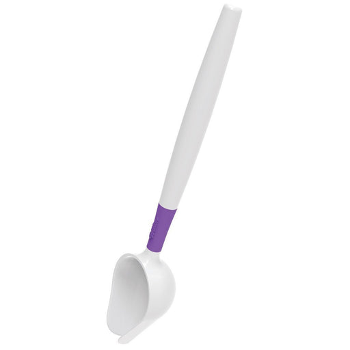 White scoop with a long handle featuring a purple grip section near the scoop.
