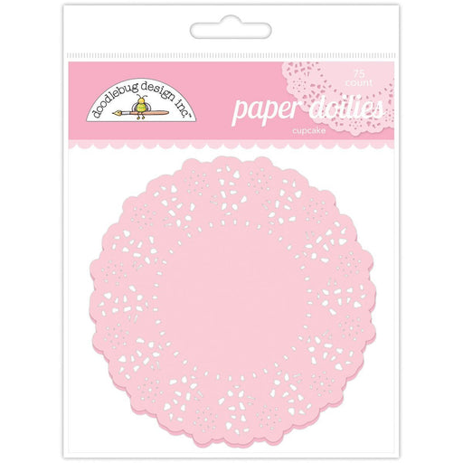 Package of 75 pink paper doilies with an intricate lace-like pattern, labeled for cupcake use.