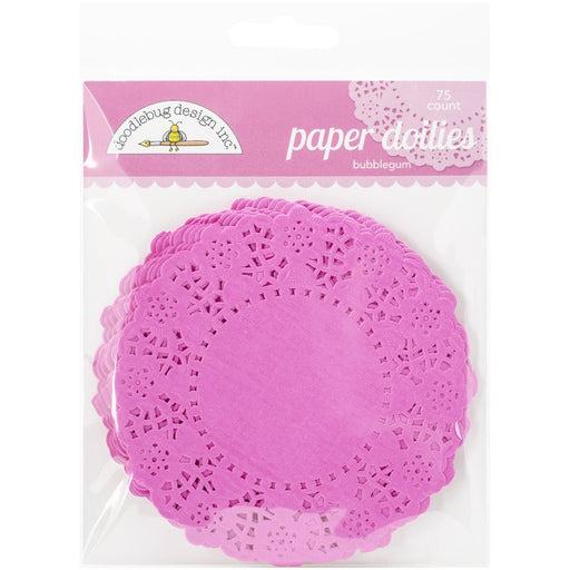 Package of 75 pink paper doilies with an intricate lace-like pattern, labeled for cupcake use.