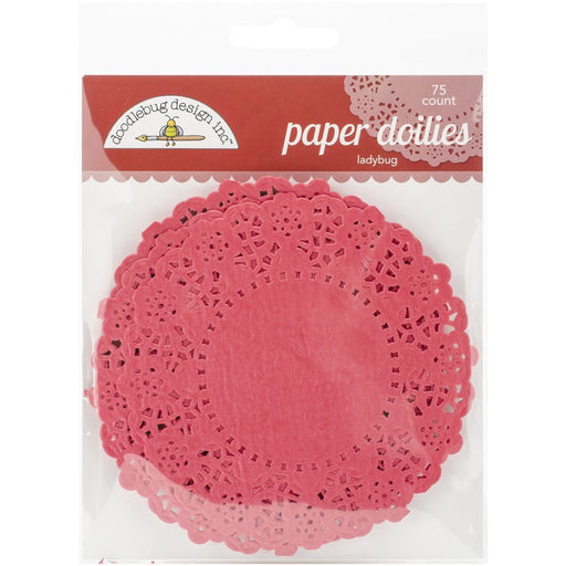Package of 75 red paper doilies with an intricate lace-like pattern, labeled for cupcake use.