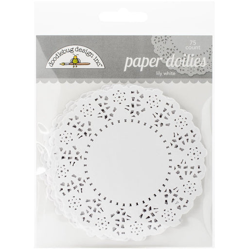 Package of 75 white paper doilies with an intricate lace-like pattern, labeled for cupcake use.