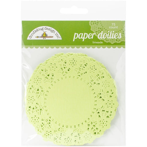 Package of 75 limeade paper doilies with an intricate lace-like pattern, labeled for cupcake use.